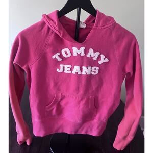 Tommy Jeans Pullover Long Sleeve V Neck Hooded Sweatshirt Small Red Vintage Y2K